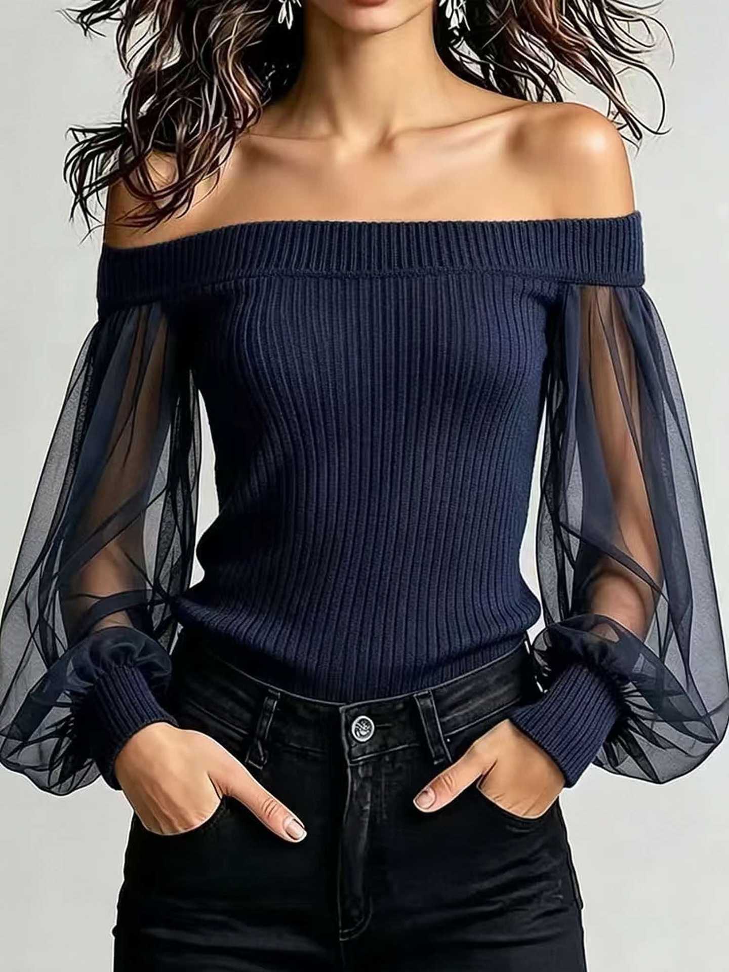 Off‑Shoulder Mesh Puff Sleeve Ribbed Knit Top
