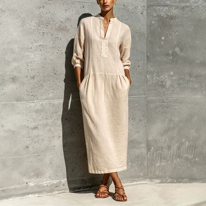 Linen Stand Collar Split V 3/4 Sleeve Drop Pocket Midi Dress