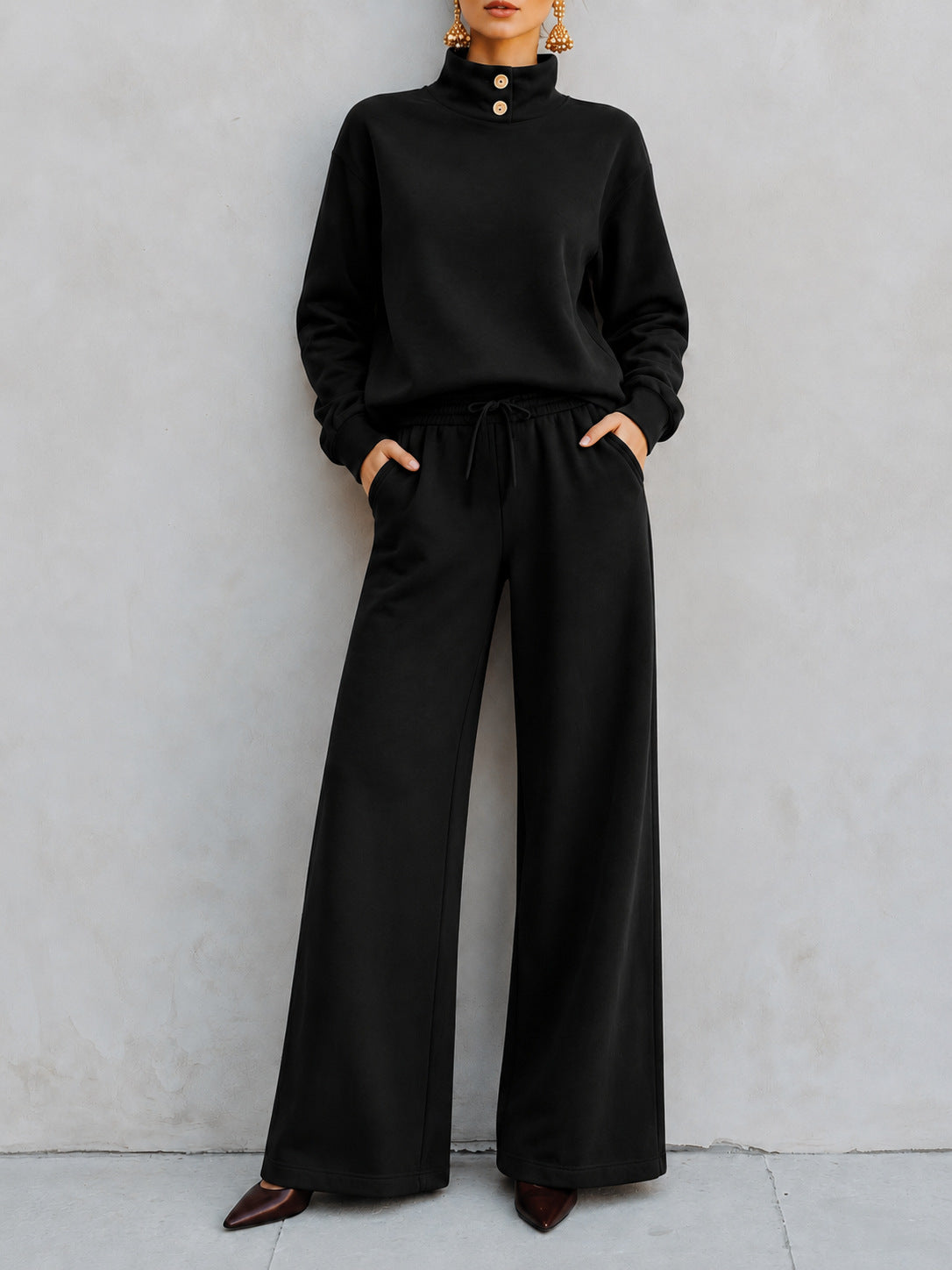 Mock‑Neck Button‑Detail Sweatshirt & Wide‑Leg Drawstring Pants Two‑Piece Set - black / S