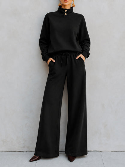 Mock‑Neck Button‑Detail Sweatshirt & Wide‑Leg Drawstring Pants Two‑Piece Set - black / S