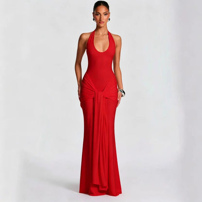 Halter Ruched Draped Mermaid Maxi Evening Dress