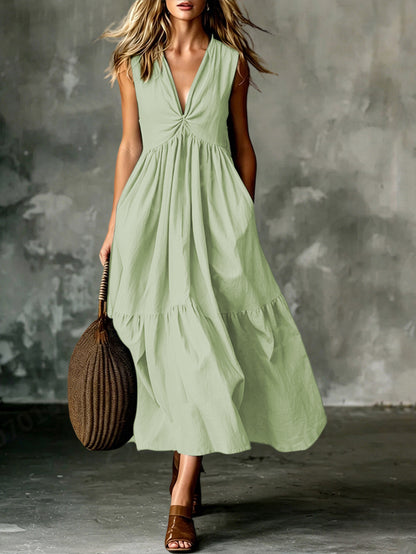 Twist Front V-Neck Sleeveless Pocket Textured Flowy Maxi Dress