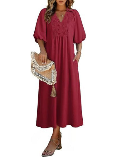 Smocked V‑Neck Puff‑Sleeve Midi Dress
