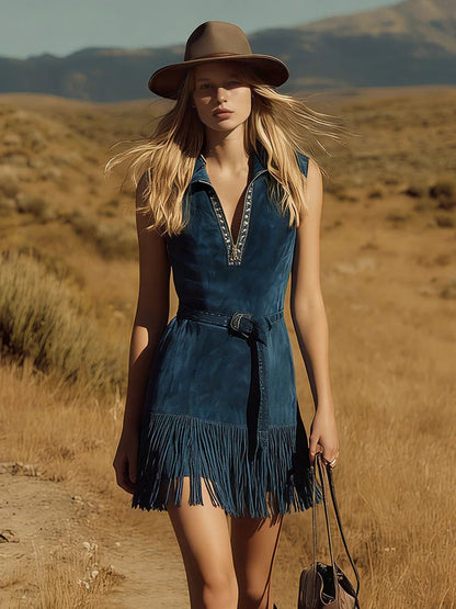 Teal Western‑Style Sleeveless Fringe Mini Dress