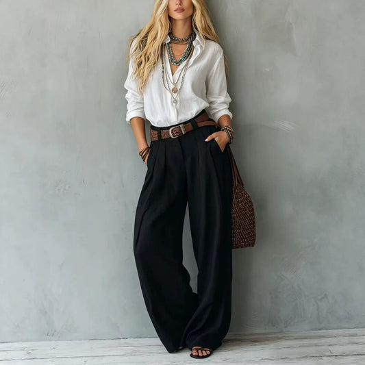 Navy Blue Loose Linen Shirt & Beige Pleated Wide Leg Linen Pants 2 Piece Boho Co-Ord Set