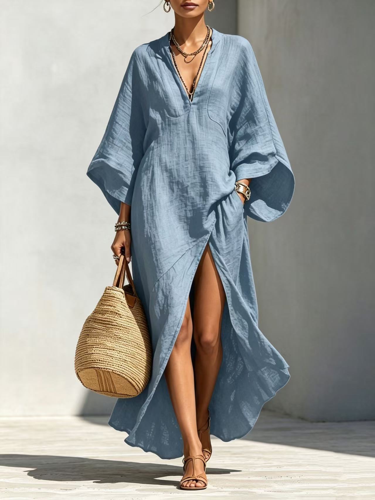 Linen‑Blend V‑Neck Kaftan Maxi Dress