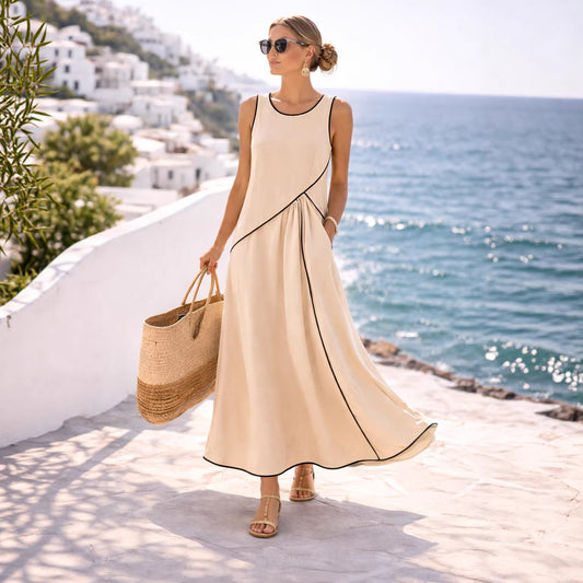 Contrast Piping Sleeveless A-Line Maxi Dress With Side Pockets