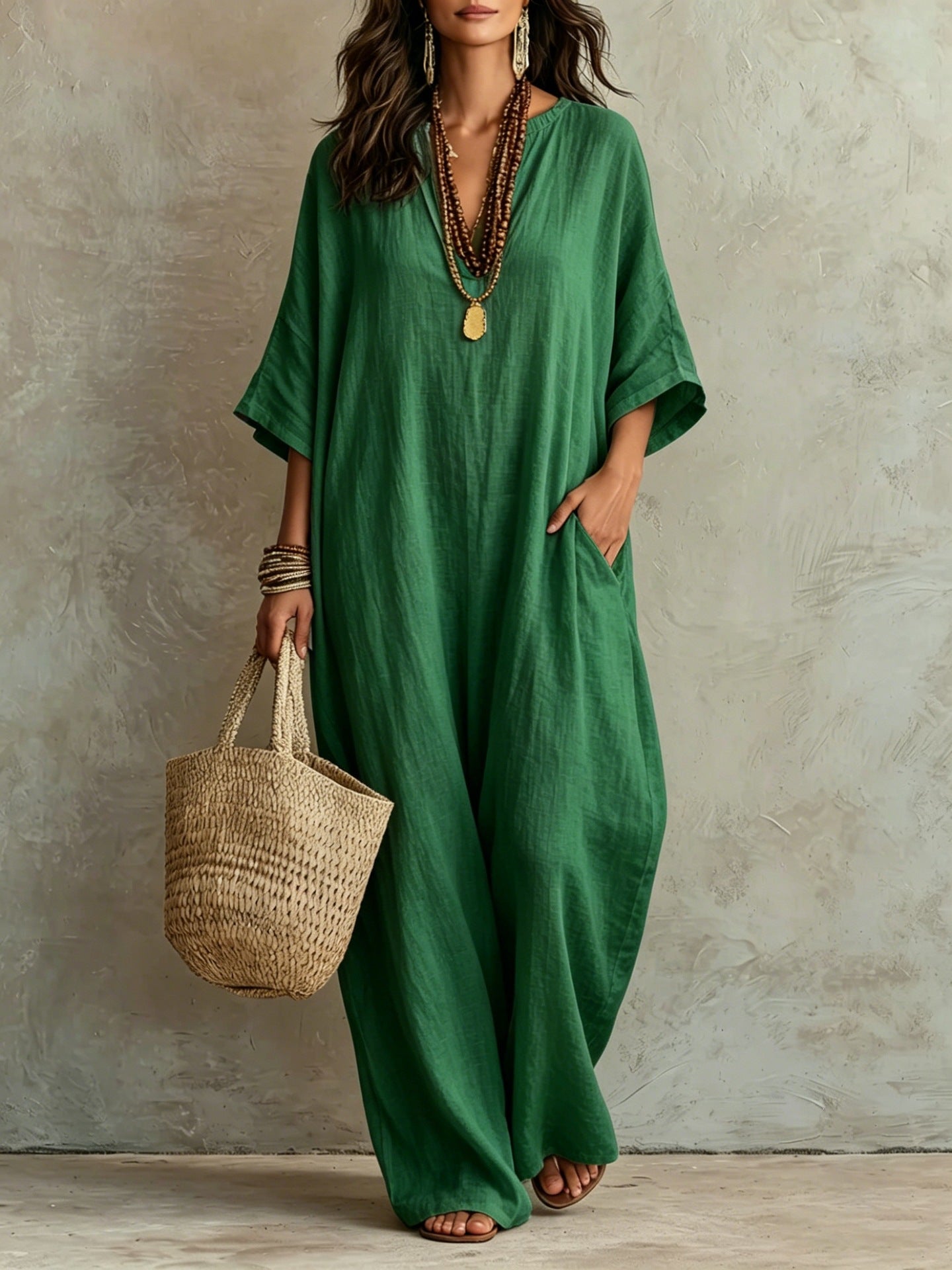 V‑Neck Half‑Sleeve Linen Blend Loose Maxi Kaftan Dress With Pockets