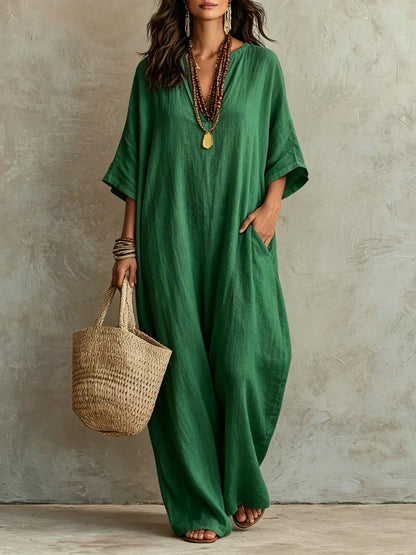 V‑Neck Half‑Sleeve Linen Blend Loose Maxi Kaftan Dress With Pockets