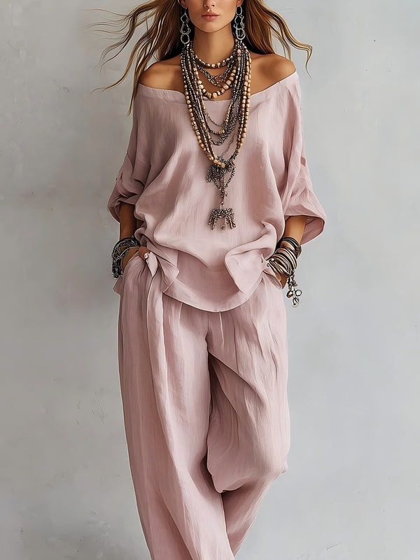 Women'S One-Shoulder Loose Top Wide-Leg Pants Cross-Border Two-Piece Set