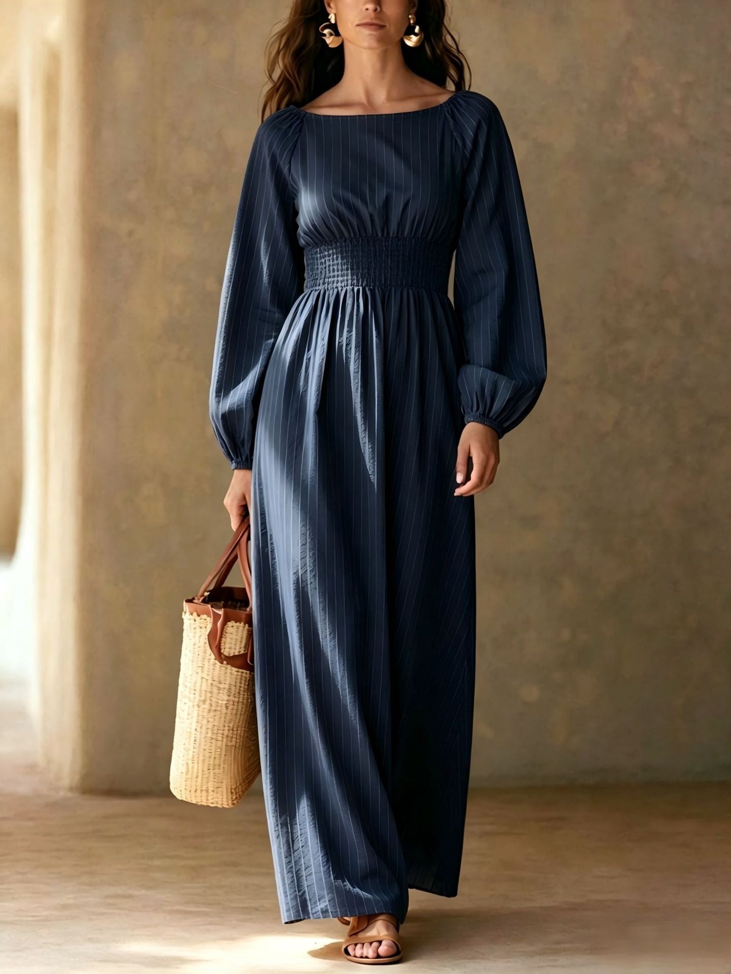 Pinstripe Smocked‑Waist Balloon Sleeve Maxi Dress