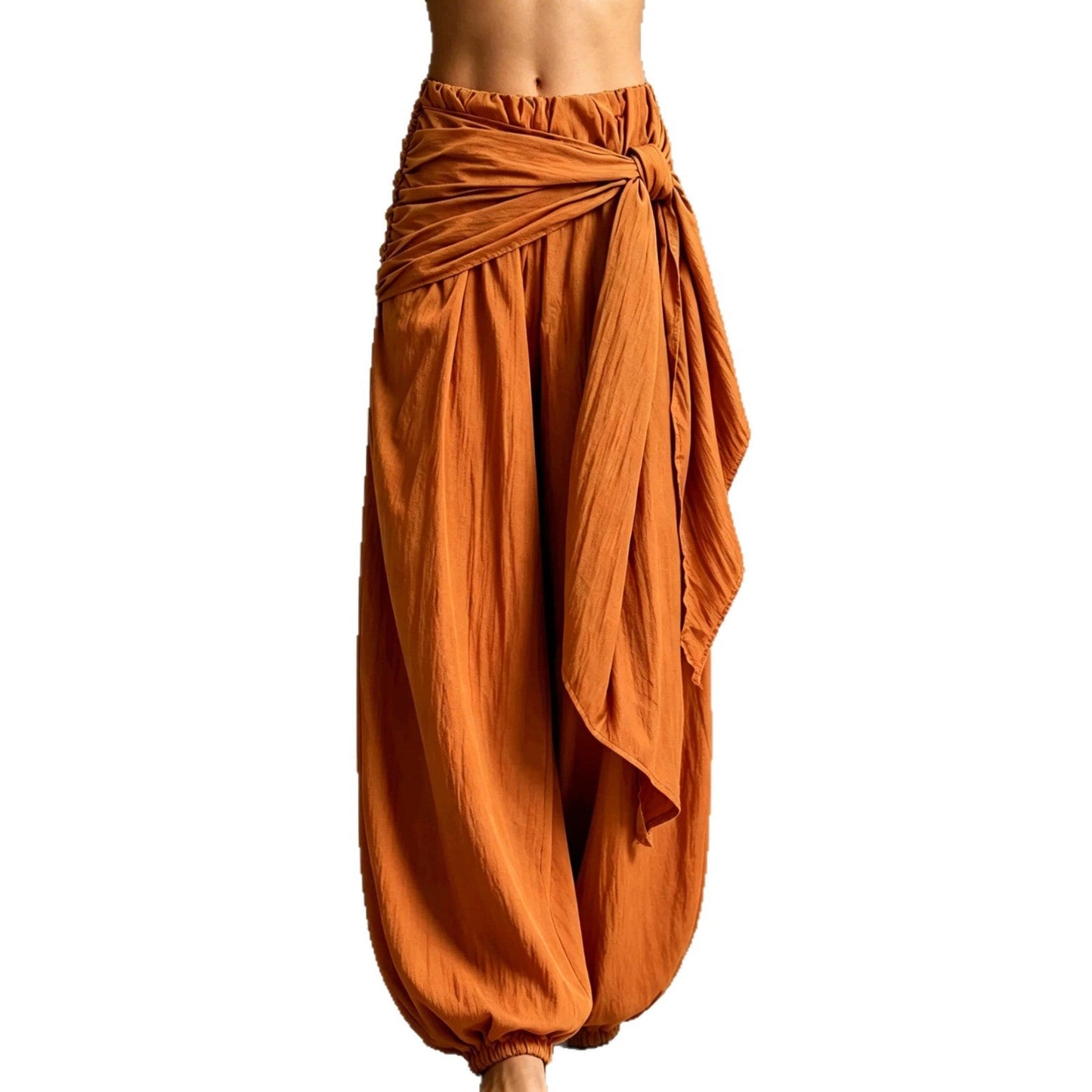 Vintage Wrap Tie Harem Pants, Loose Crinkle Cotton Linen Jogger Trousers