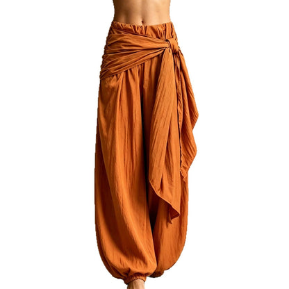 Vintage Wrap Tie Harem Pants, Loose Crinkle Cotton Linen Jogger Trousers