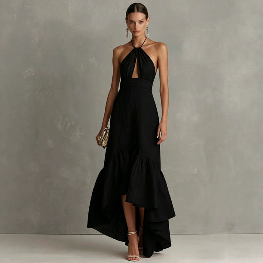 Textured Halter Keyhole High Low Ruffle Maxi Dress