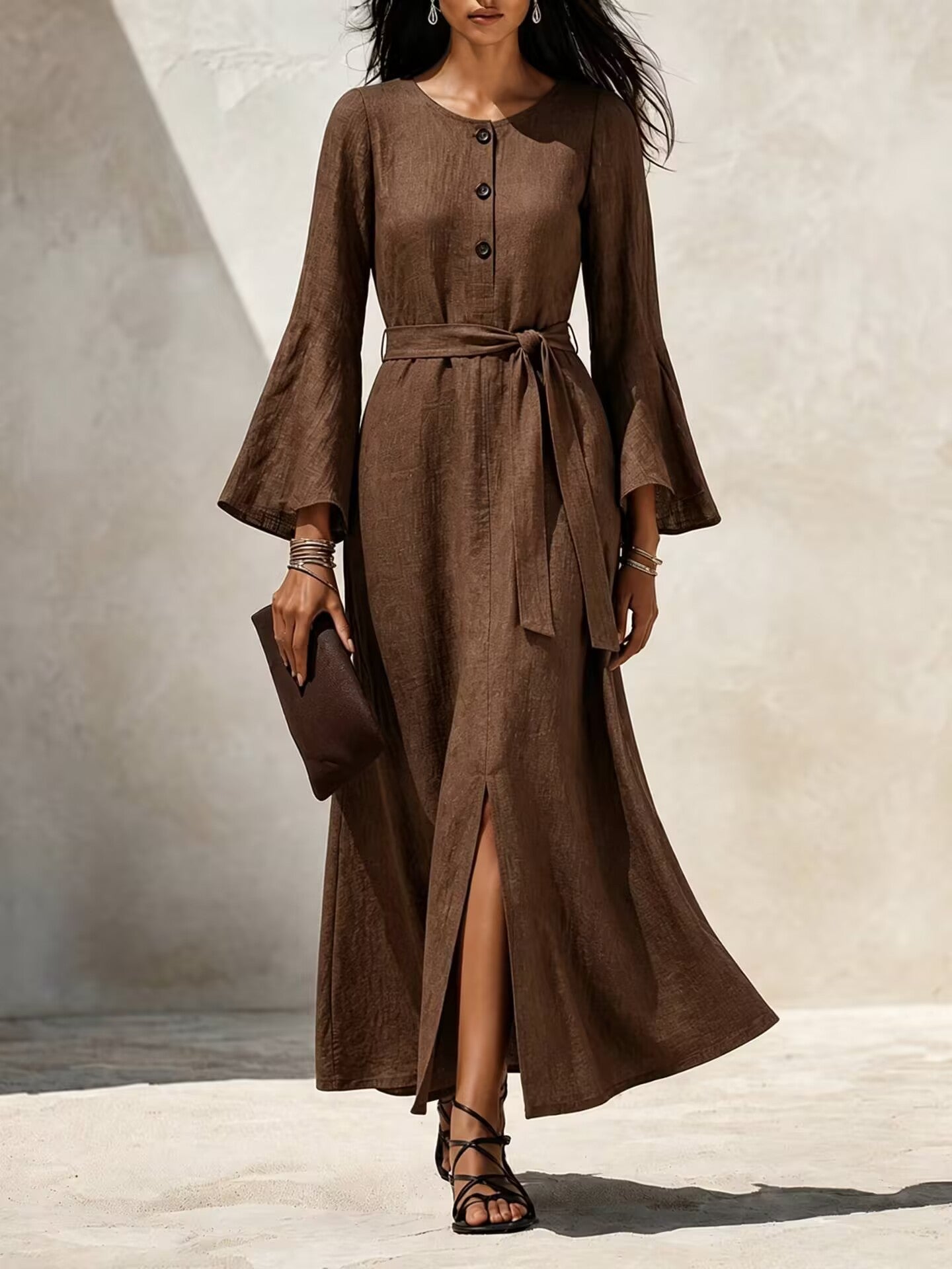Linen‑Blend Flare‑Sleeve Maxi Dress