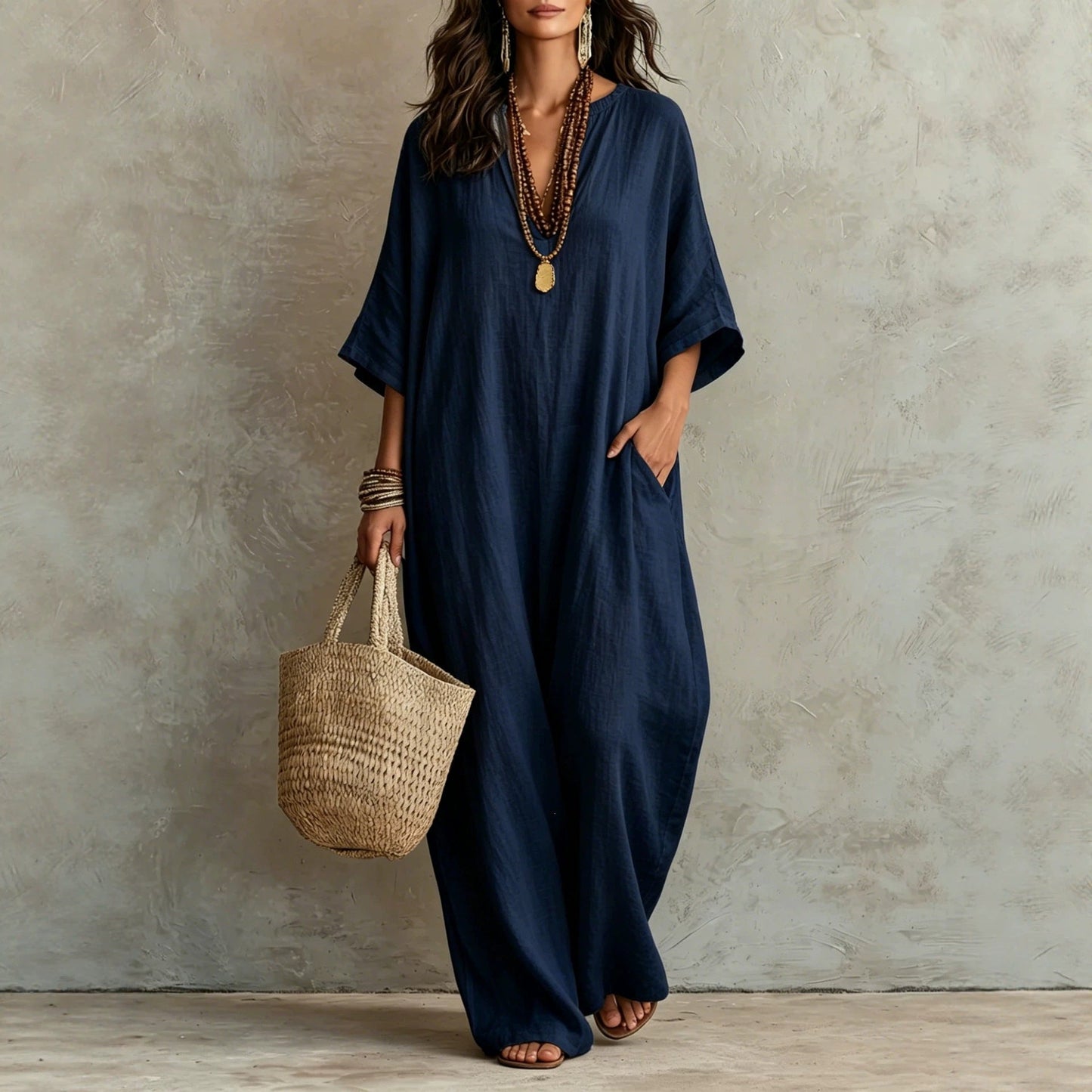 V‑Neck Half‑Sleeve Linen Blend Loose Maxi Kaftan Dress With Pockets