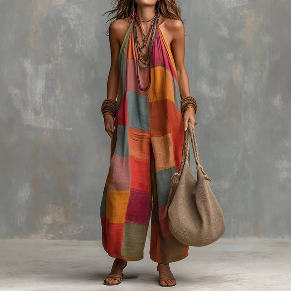 Boho Patchwork Halter Wide-Leg Jumpsuit