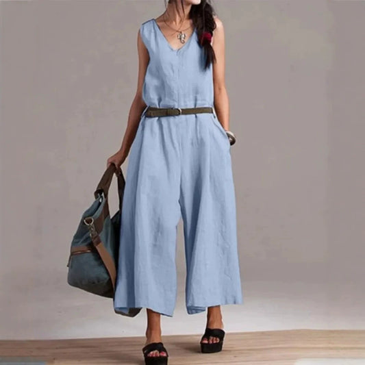 Sleeveless V-Neck Self Belt Linen Wide Leg Cropped Jumpsuit