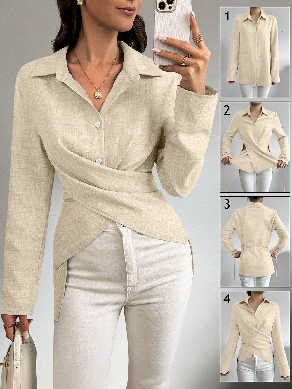 Multi‑Way Wrap‑Tie Long‑Sleeve Linen Blend Shirt