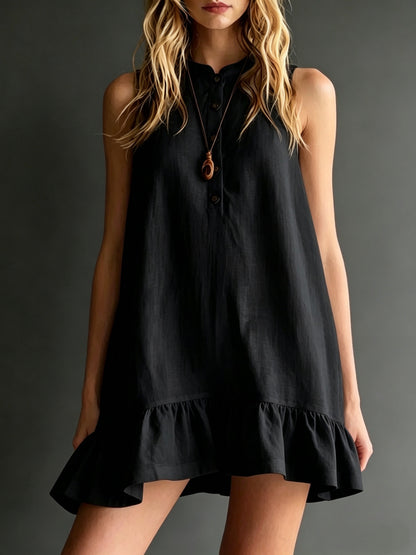 Effortless Sleeveless Ruffle Hem Shift Dress – Relaxed Linen Blend Style