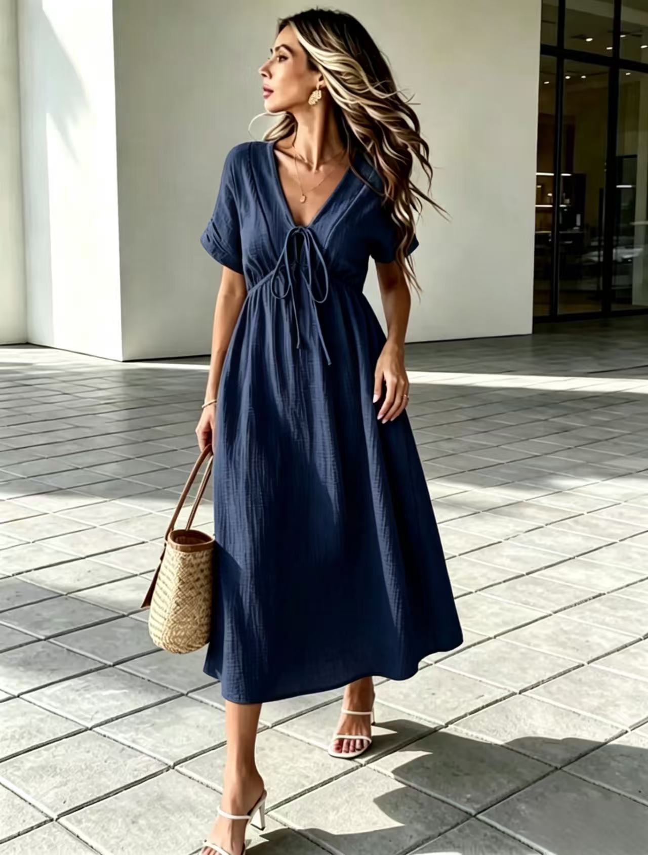 Crinkle‑Textured Tie‑Front V‑Neck Midi Dress