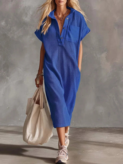 Waffle Knit Collared Midi Shirt Dress | Casual Loose Pocket Summer Dress