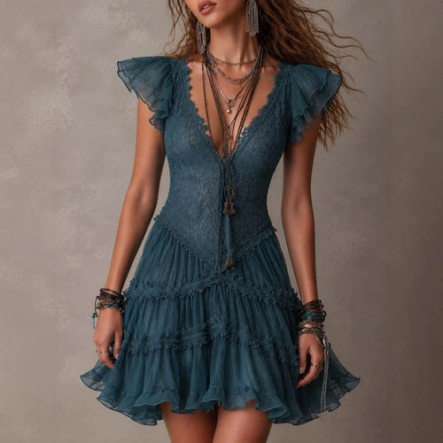 Teal Boho Lace Tiered Ruffle Mini Dress