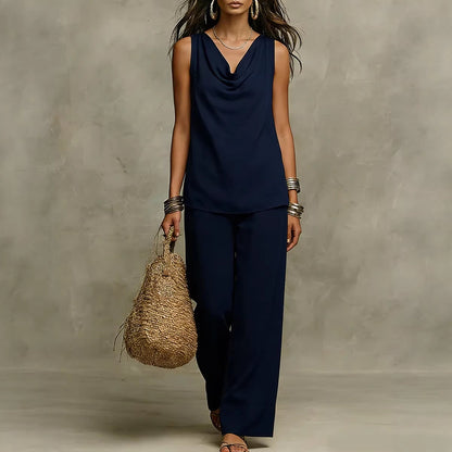 Effortless Drape Two-Piece Set - Sleeveless Cowl Neck Top & Wide Leg Pants