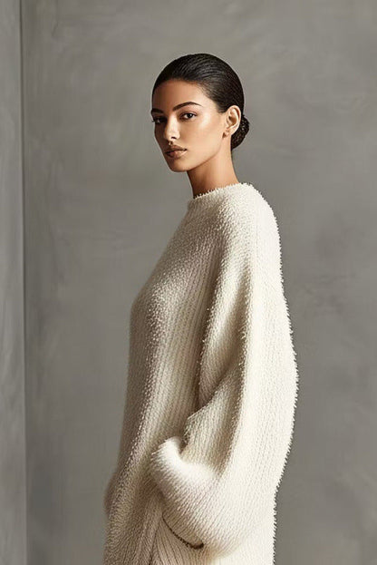 Women's Cream Textured Knit Oversized Long Sleeve Slit Maxi Sweater Dress