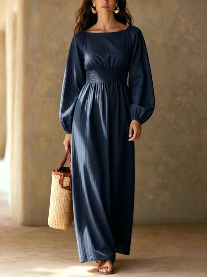 Pinstripe Smocked‑Waist Balloon Sleeve Maxi Dress