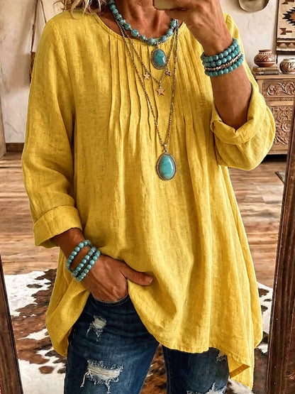 Women's Solid Linen Round Neck Pleated 3/4 Sleeve Loose Tunic Blouse