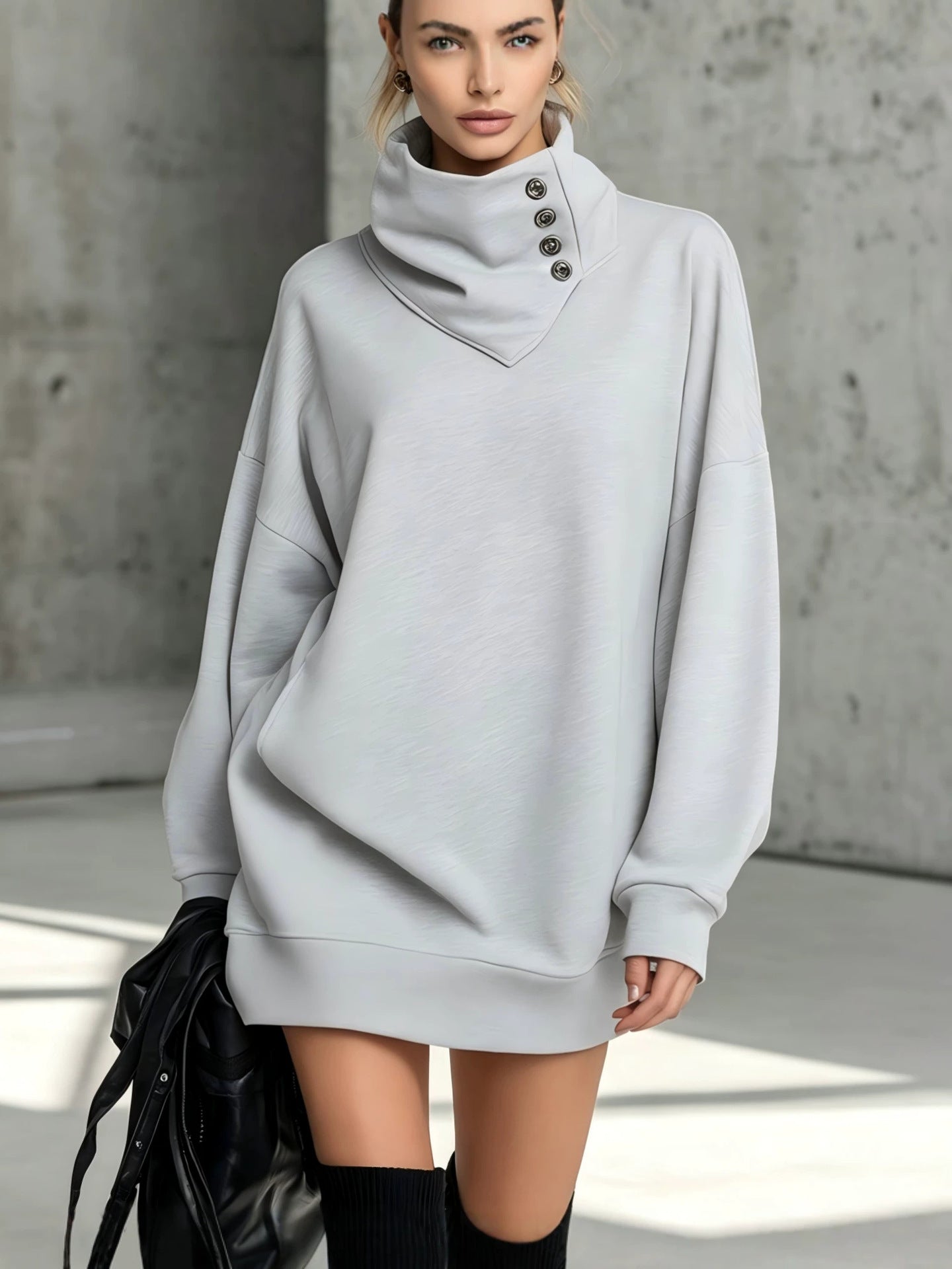 Women's Solid Pink Button-Detail Cowl Neck Long Sweatshirt Tunic Dress