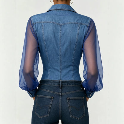 Sheer Mesh Sleeve Denim Blouse