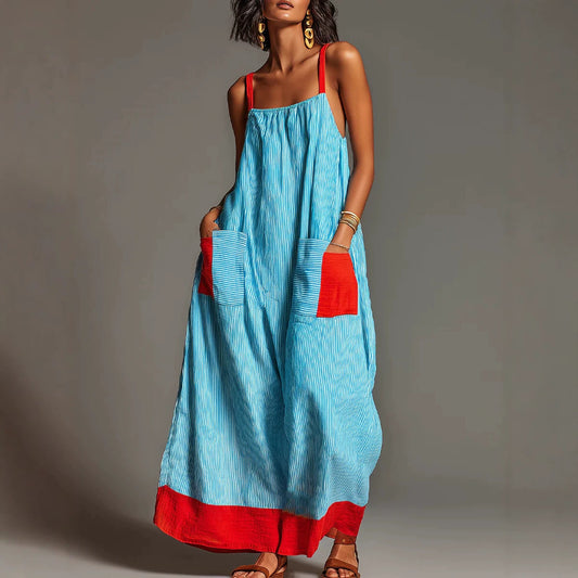 Women's Vacation Linen-Cotton Striped Color Block Spaghetti Strap Maxi Dress with Pockets