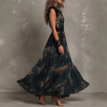 Vintage Boho Floral Maxi Dress V‑Neck Lace Flutter Sleeve Waist Ruffle Hem Long Dress