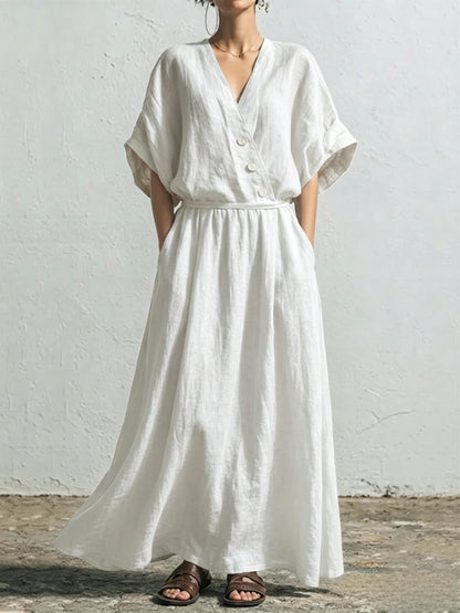 Belted Wrap Linen Blend Pocket Maxi Dress