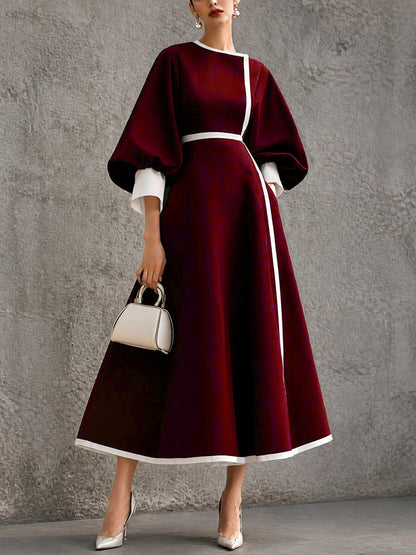 Women’s Solid Navy Contrast‑Trim Balloon‑Sleeve Belted Maxi Dress - Burgundy / S