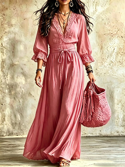 Women Boho V‑Neck Maxi Dress, 3/4 Flare Bell Sleeve Tie Waist A‑Line Flowy Long Dress Casual Vacation Beach Dress