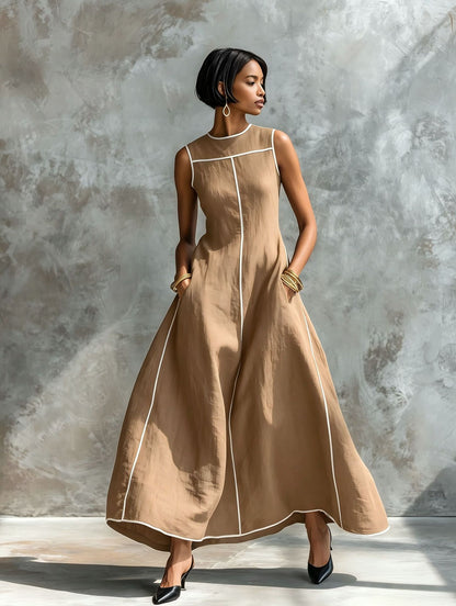 Contrast Stitching Sleeveless Linen Maxi Dress