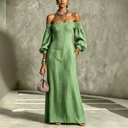 Off‑The‑Shoulder Puff‑Sleeve Linen‑Blend Maxi Dress