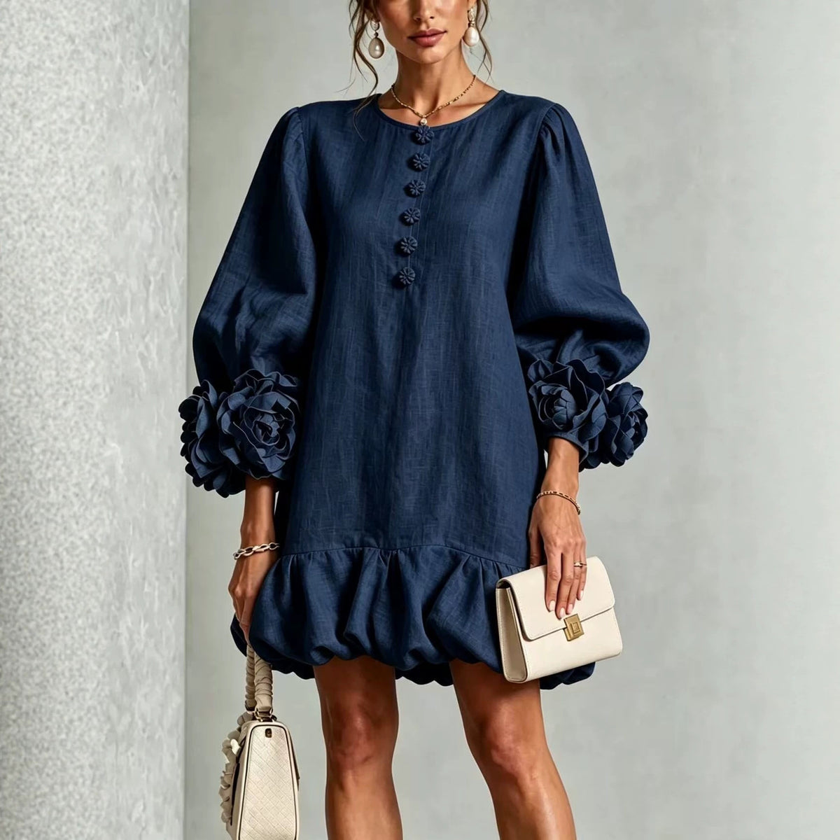 Floral Cotton-Linen Ruffled Dress