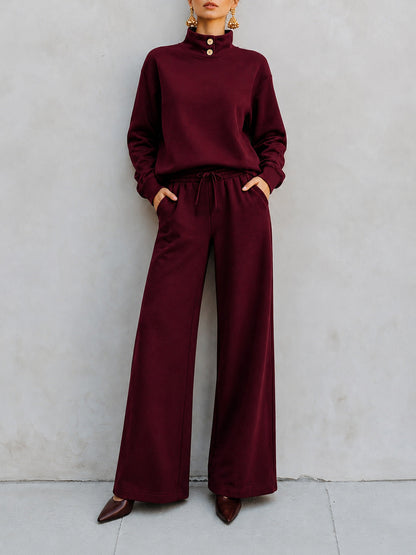 Mock‑Neck Button‑Detail Sweatshirt & Wide‑Leg Drawstring Pants Two‑Piece Set - burgundy / S