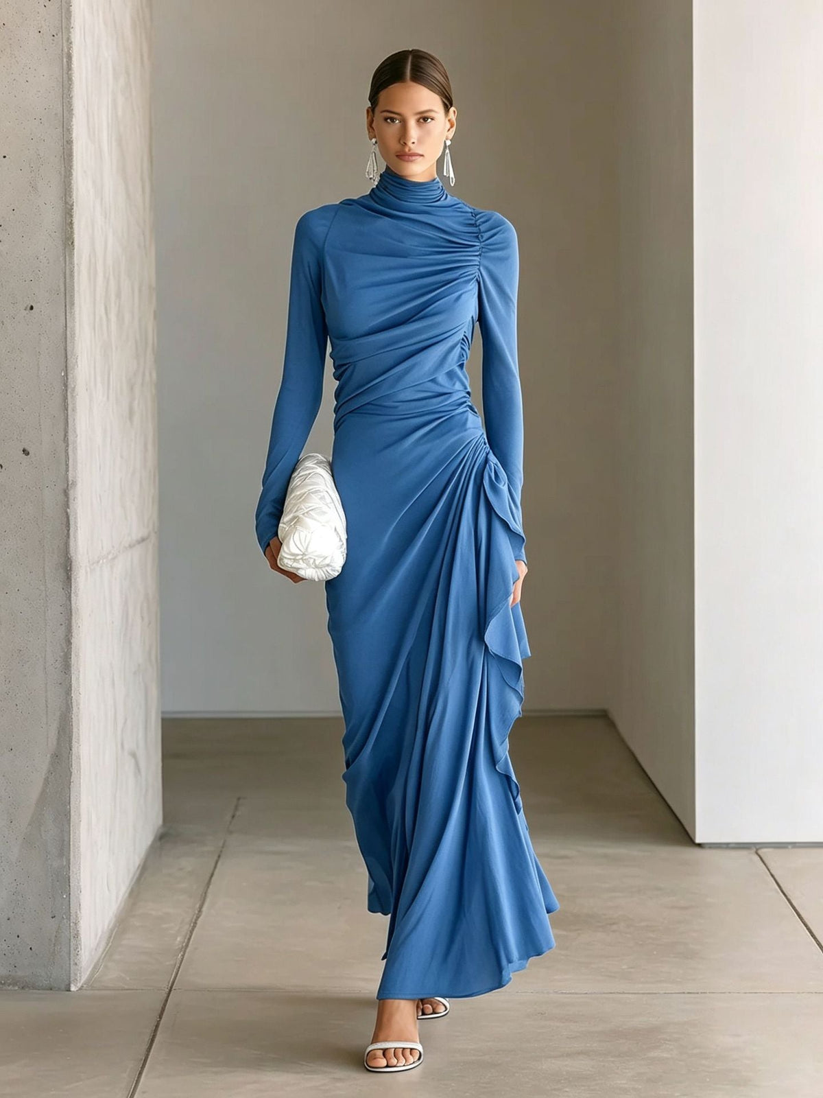 Turtleneck Ruched Side‑Ruffle Long‑Sleeve Maxi Dress