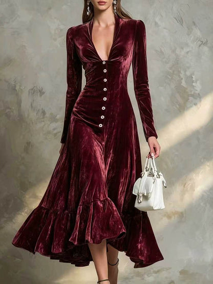 Button-Front Velvet Midi Dress