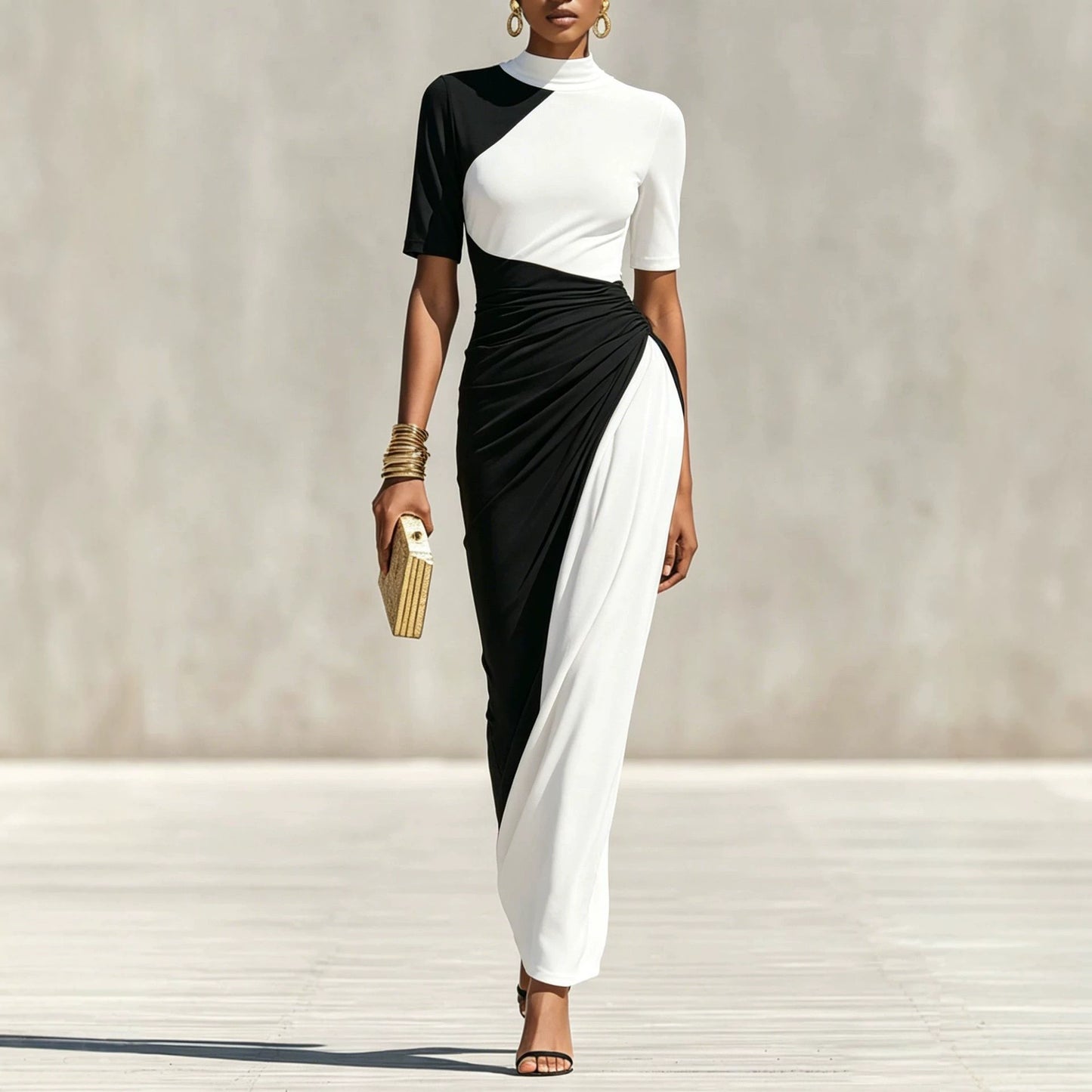 Asymmetrical Color Block Ruched High Neck Midi Bodycon Dress