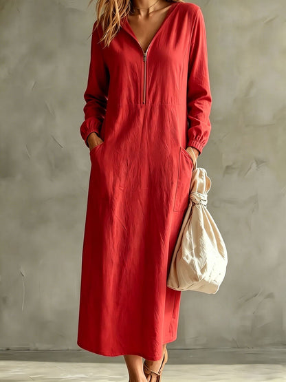 Hooded Zip-Neck Midi Dress