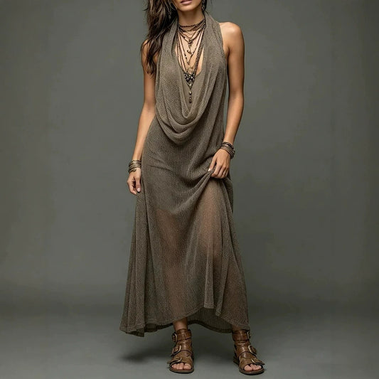 Sheer Mesh Cowl Halter Sleeveless Boho Maxi Dress