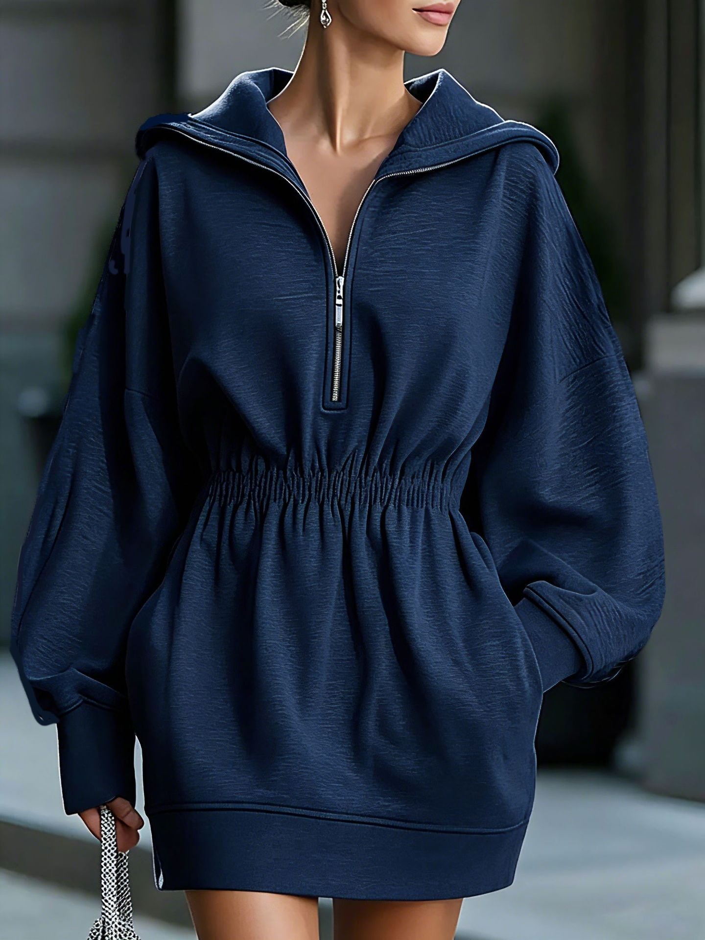 Half Zip Hooded Mini Dress Women Elastic Waist Long Sleeve Casual Sweatshirt Dress
