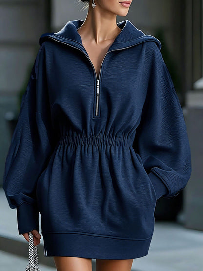 Half Zip Hooded Mini Dress Women Elastic Waist Long Sleeve Casual Sweatshirt Dress