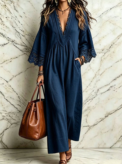 Boho Lace V‑Neck Maxi Dress Women Loose 3/4 Sleeve Beach Vacation Long Gown
